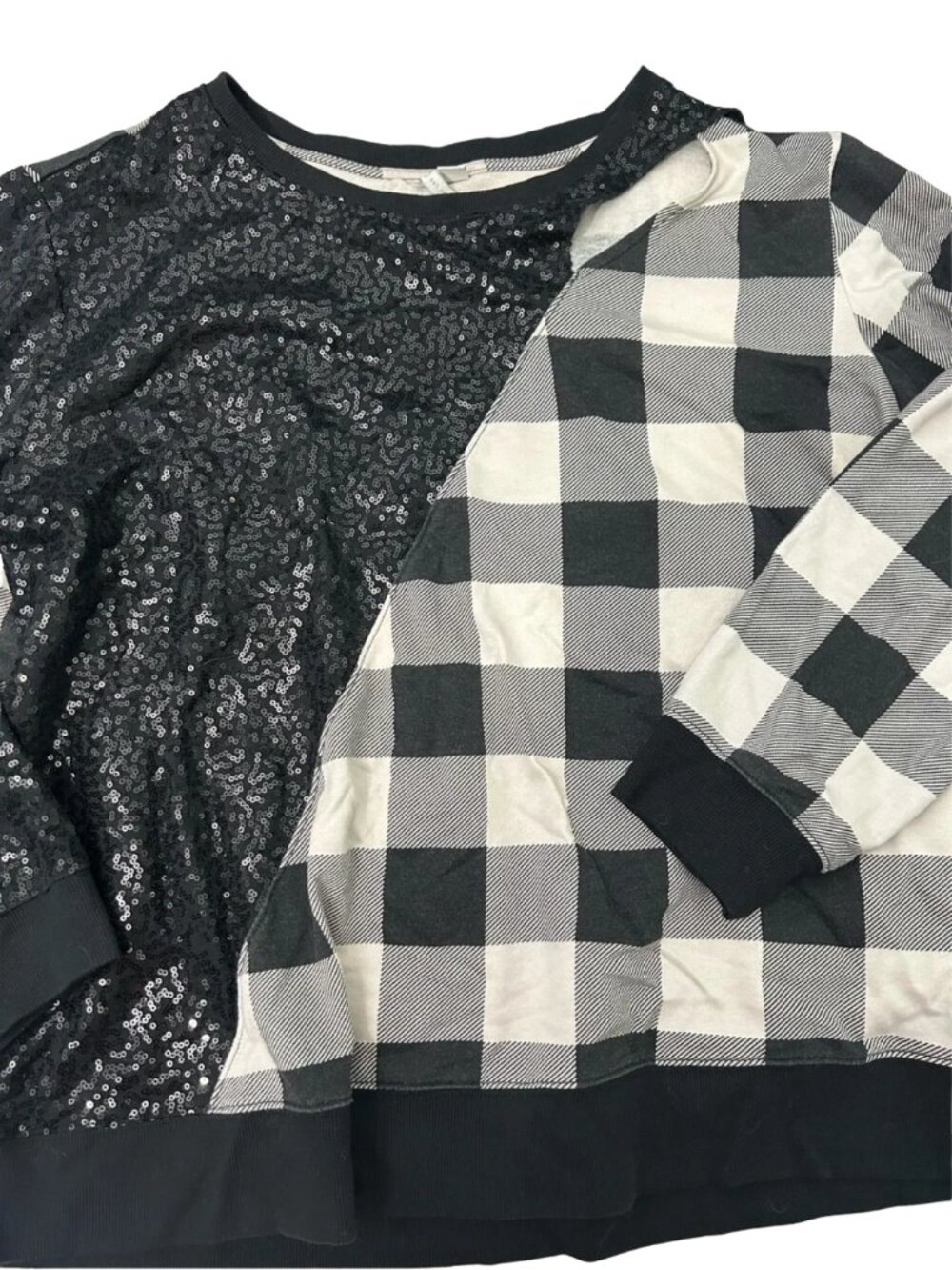 Cato Black Sequin Sweatshirt with Buffalo Plaid Sleeves | Holiday Pullover